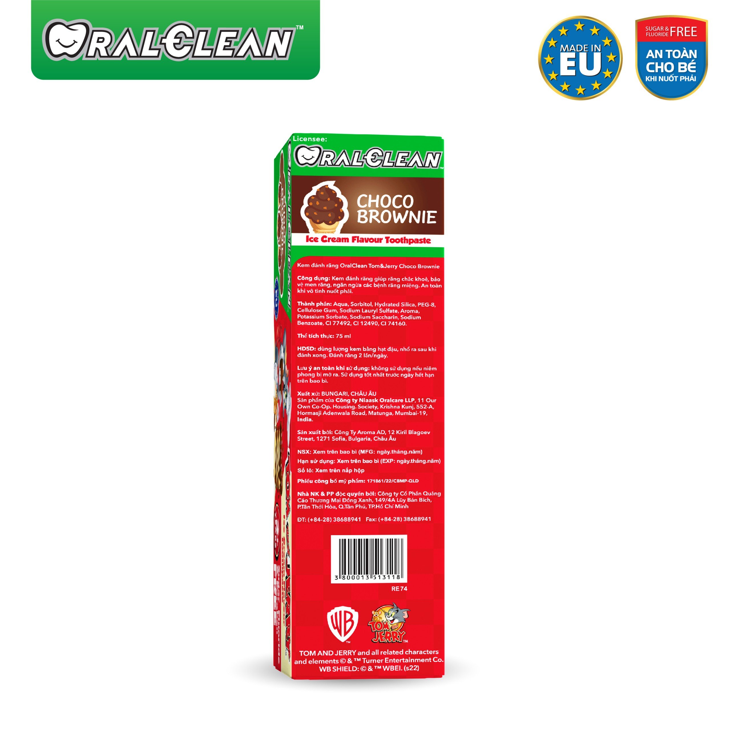 Kem Đánh Răng Cho Bé Socola OralClean Tom And Jerry Choco Brownie 75ml – Ngừa Sâu Răng, An Toàn Cho Trẻ Từ 2 Tuổi