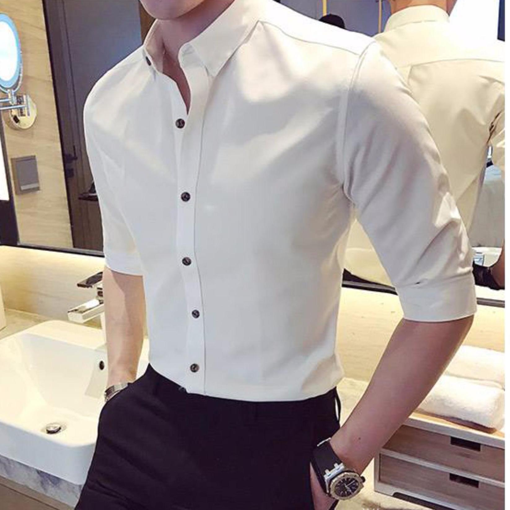 Áo sơ mi nam Trắng Cúc Đen (CAM KẾT ĐẸP 100%) không nhăn, Sơ mi nam trơn dáng ôm Body Hàn quốc
