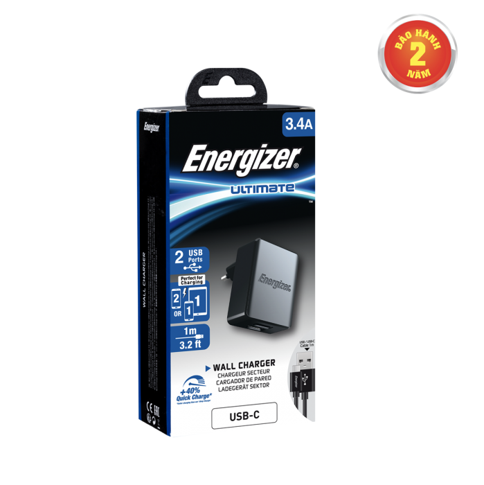 Sạc tường Energizer 3.4A 2 cổng USB kèm cáp USB-C 2.0 - ACA2CEUUC23