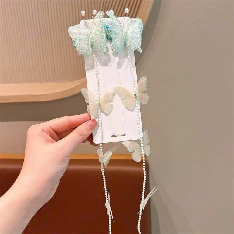 Set 2 kẹp tóc dây chuỗi ngọc bướm nhiều màu siêu cute cho bé