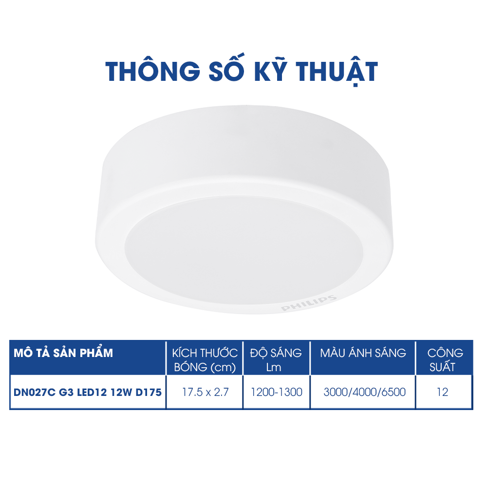 Bộ đèn ốp trần, ốp nổi PHILIPS LED tròn lắp nổi DN027C Công suất (9W, 12W, 15W, 19W)