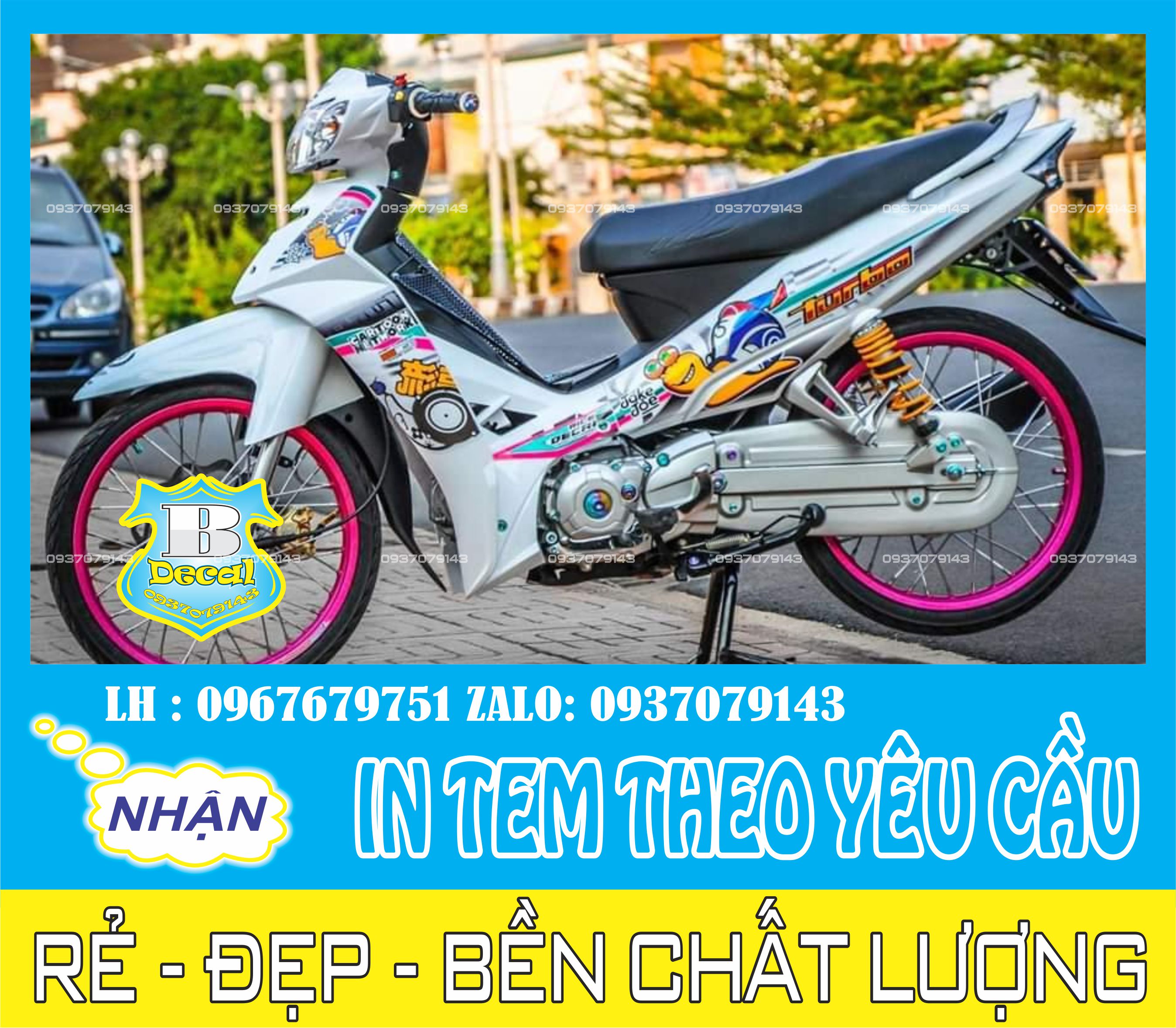 Tem xe sirius ốc sên turbo dán xe trắng