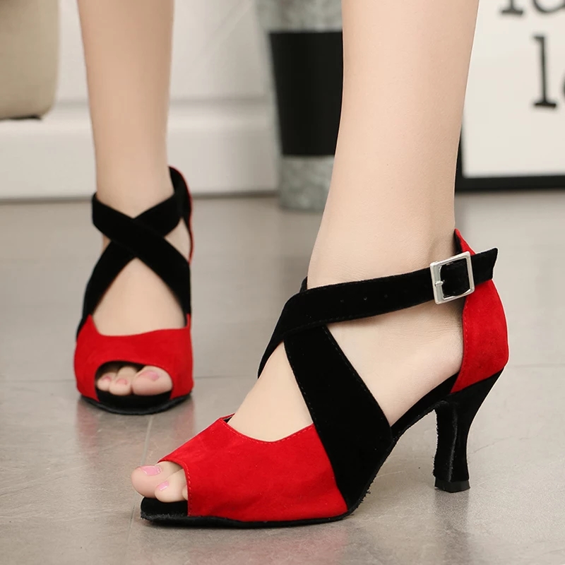 Giày khiêu vũ nữ cao cấp màu đỏ phối đen 7cm