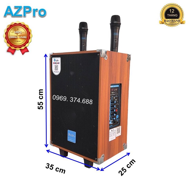 Loa kéo Bluetooth AZ 10-bass 25 chính hãng Azpro kèm 2 mic không dây hát karaoke