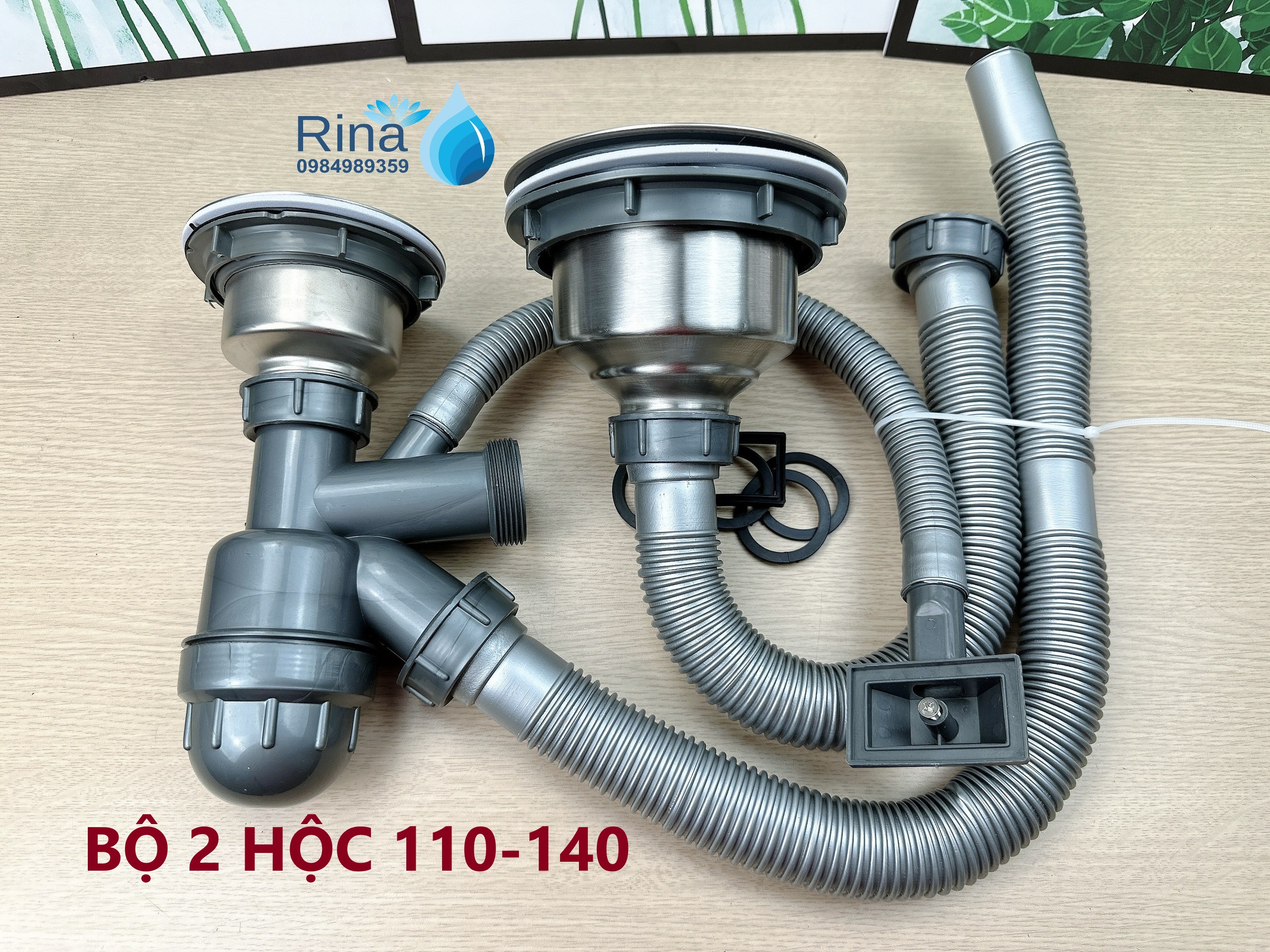 Bộ xả chậu rửa chén đôi inox304 phi 110-140 ; 140-140 ; bộ xi phông 2 hố lệch 110-140, xả rửa chén inox 304 phi 140, bộ xi phong chậu chén