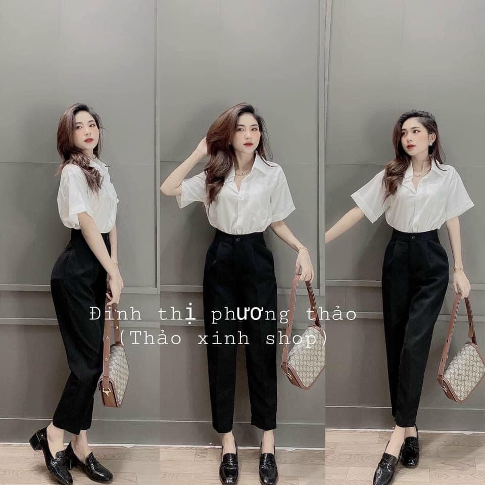 (mới) Sét áo sơ mi trắng cộc tay và quần baggy vải đẹp lịch sự phù hợp mọi vóc dáng