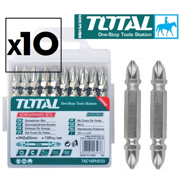 Bộ 10 mũi 2 đầu bake bắt vít PH2+PH2 65mm Total TAC16PH233