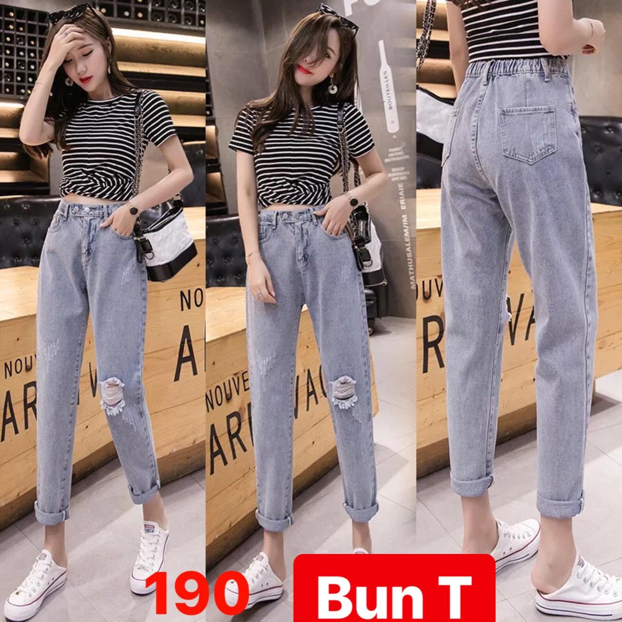 QUẦN BAGGY JEAN NỮ CHẤT BÒ XANH RÁCH LƯNG THUN CẠP CHUN SAU LƯNG CAO NÂNG MÔNG HOT TREND THÁI LAN T&T-190 - TRANG BUN FASHION