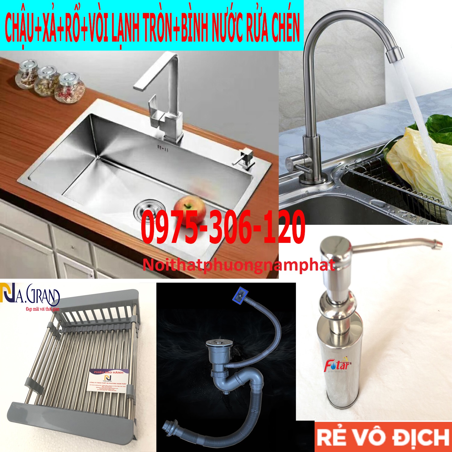 Combo Chậu Rửa Chén Bát INOX SUS 304 N17 6045 NA.GRAND và Bộ Xả Chậu và Rổ đựng trái cây và Vòi Chén Lạnh và Bình Nước rửa chén bồn rửa chén inox