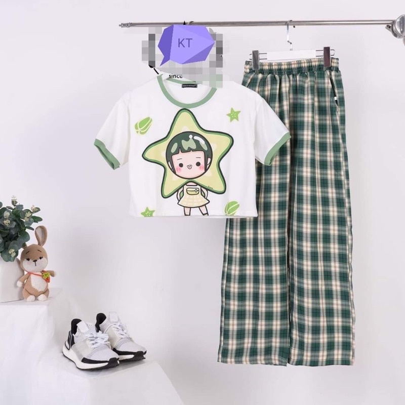 Set áo croptop viền xanh + quần kẻ ống rộng xanh lá