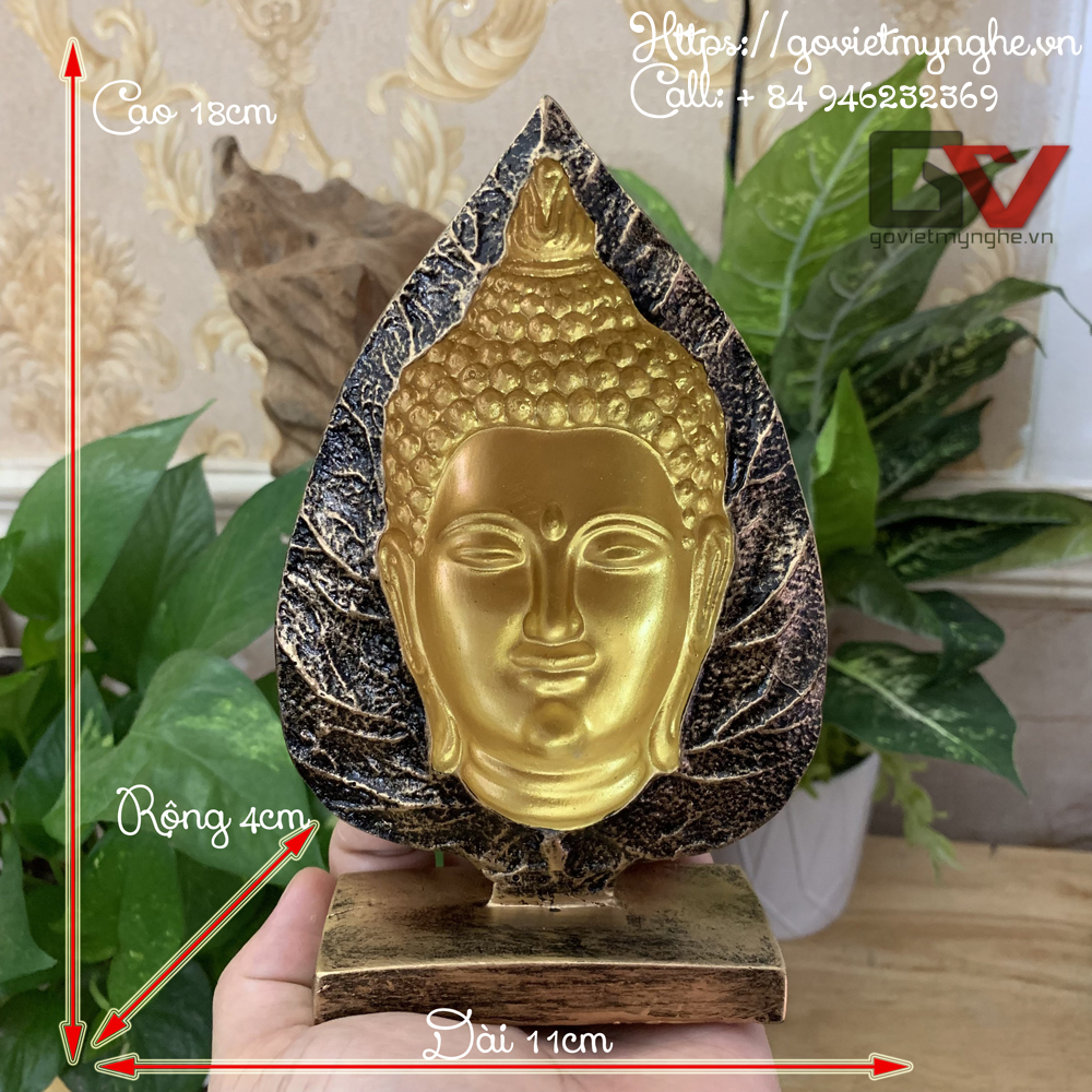 Tượng đá trang trí phòng thờ Phật Thích Ca 3D Lá Bồ Đề - Chiều cao 18cm - Màu Nhũ Vàng