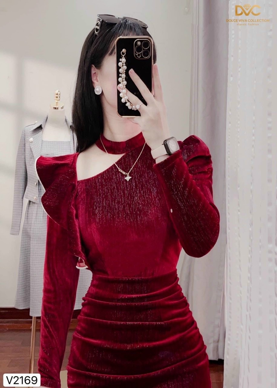 Đầm nhung tay dài-QH #damnu