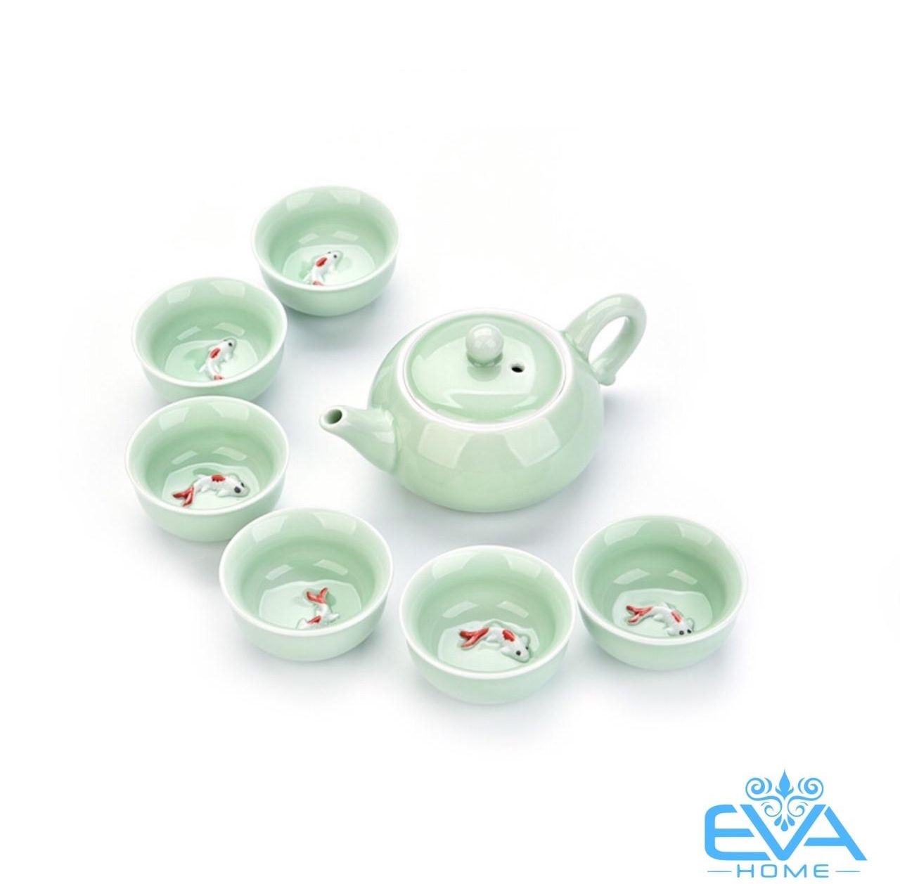 [HCM]Bộ Ấm Chén Trà Men Ngọc Cá 3D