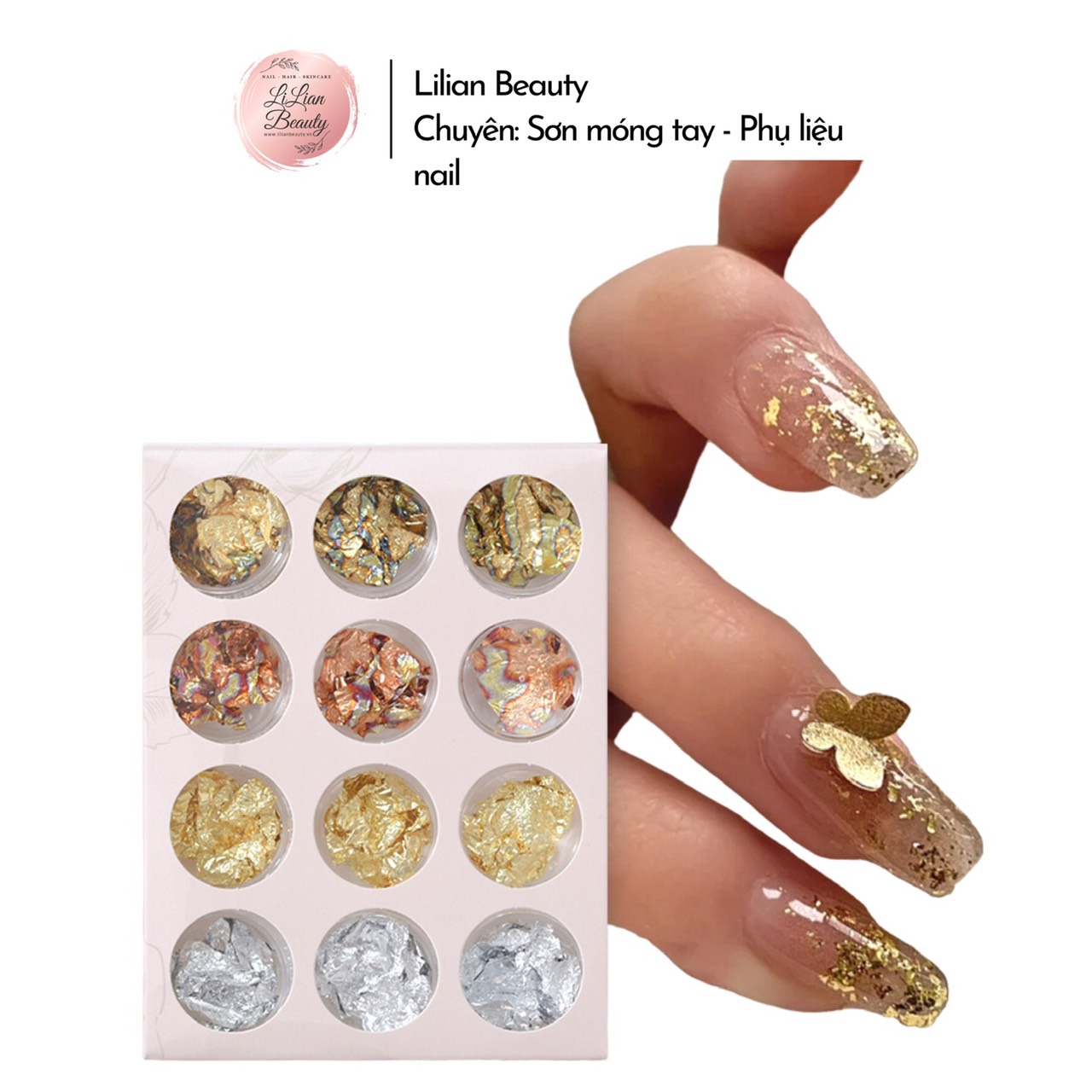 Hộp 12 ô giấy foil vàng - foil bạc phụ kiện trang trí móng nail các loại