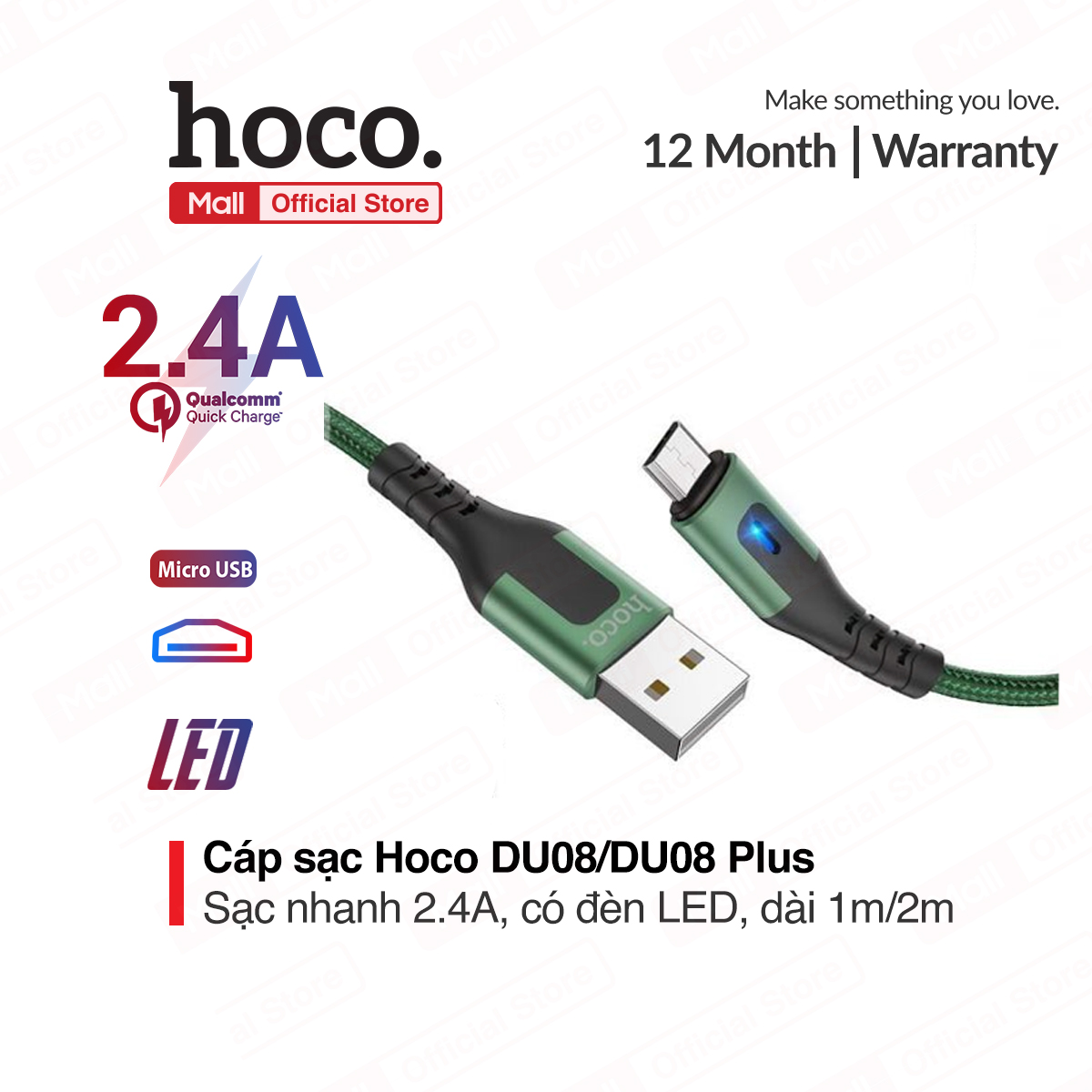 Cáp sạc Hoco DU08/DU08 Plus Micro USB dành cho Huawei/Samsung/Oppo... sạc nhanh 2.4A dây bọc dù chống đứt gẫy gập có đèn LED dài 100cm/200cm