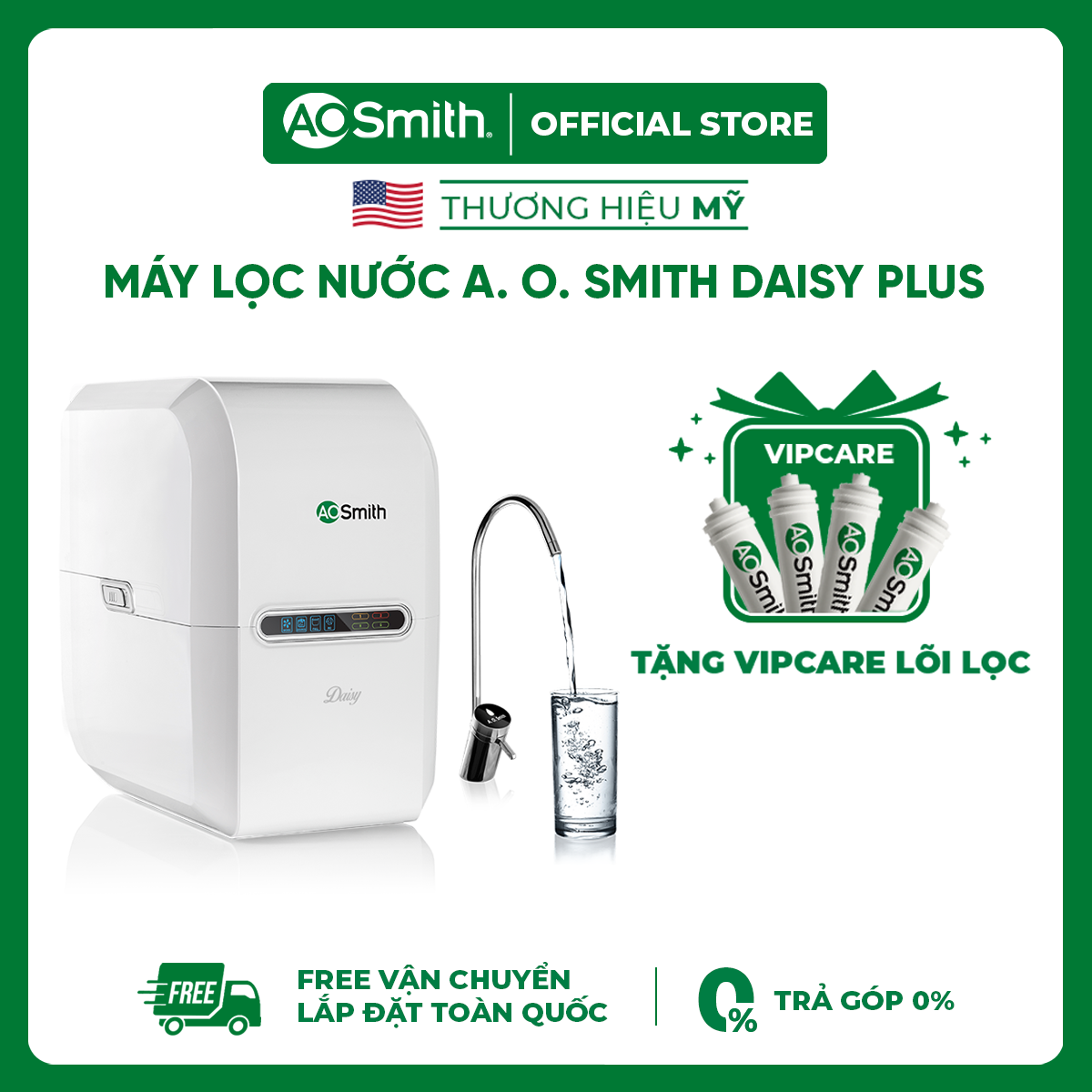 Máy Lọc Nước A. O. Smith Daisy Plus - Tặng Gói Thay Thế Lõi Lọc - Vòi Điện Tử - Cảnh Báo Thay Lõi - Sục Rửa Tự Động - Bảo Hành 12 Tháng - Thương Hiệu Mỹ - Free Shipping
