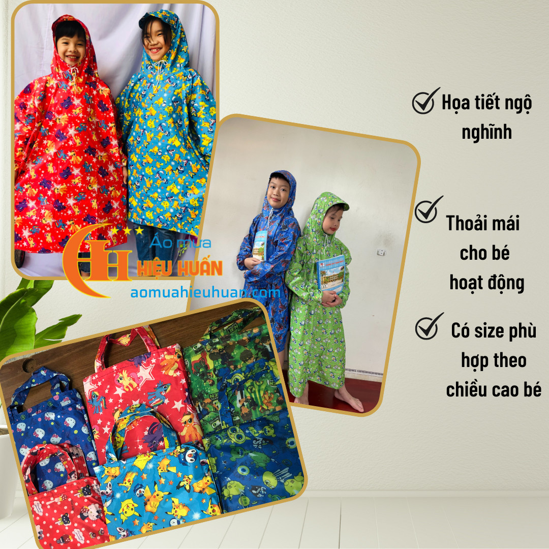 Áo Mưa Cho Bé loại Bit Quây vải dù siêu dai Trẻ Em cao cấp, chống rách áo mưa Hiệu Huấn