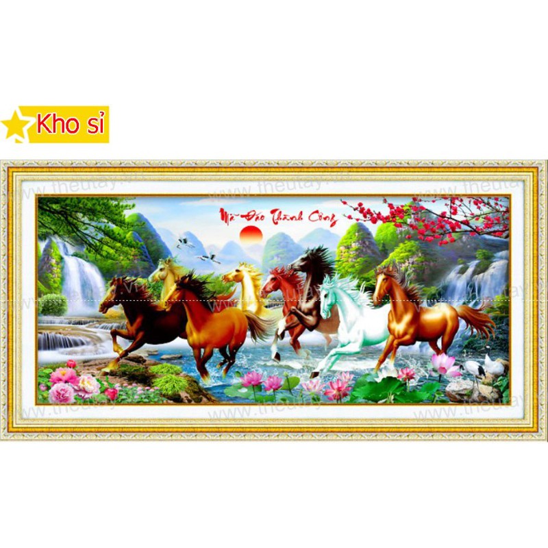Tranh đính đá treo tường Mã đáo thành công 8 con ngựa Lv031 (160x70cm) [KHO SỈ] CAO CÂP