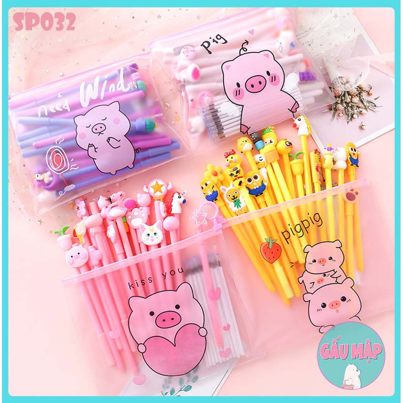 Set 10 bút bi mực nước mặt icon đáng yêu, unicorn... bút nước cute