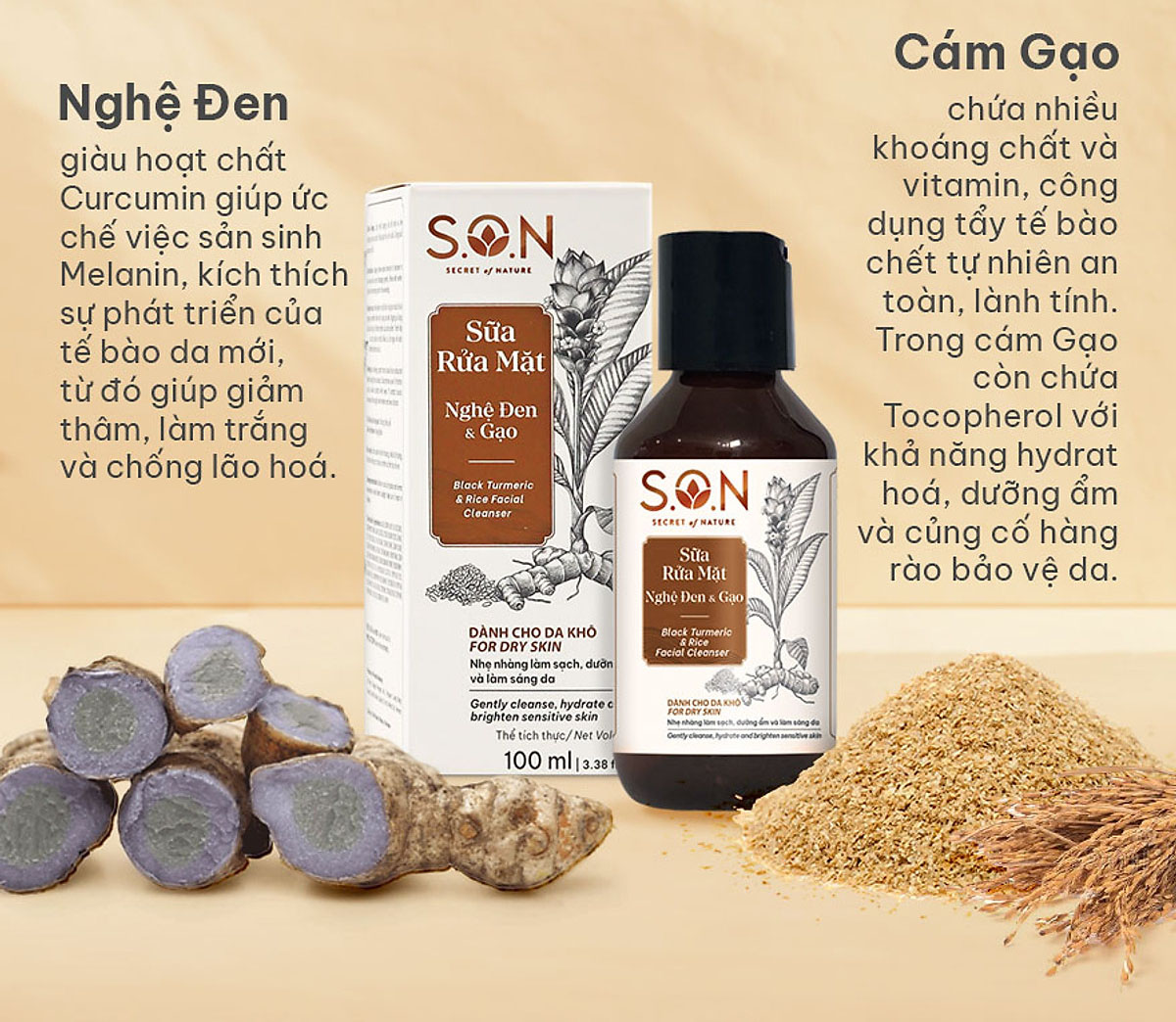 Sữa Rửa Mặt S.O.N Nghệ Đen & Gạo Cho Da Khô 100ml