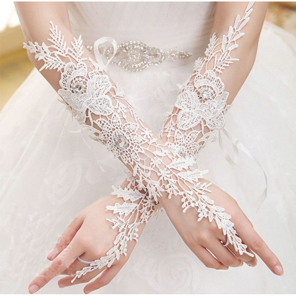 Găng Tay Cô Dâu Cỡ Dài, Kết bằng Ren Đính Đá Cao Cấp, Phù Hợp Mọi Trang Phục Trong Đám Cưới, Sự Kiện, Chụp Ảnh