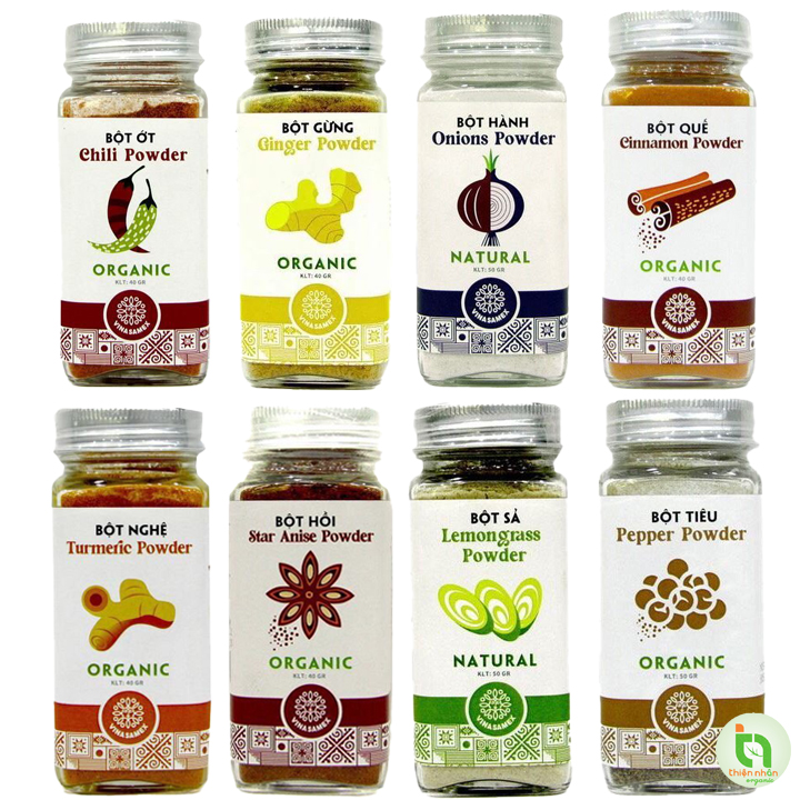 Vinasamex Organic Spices (Onion Powder, Chili, Lemongrass, Ginger, Cinnamon, Turmeric, Pepper, Anise, Garlic)