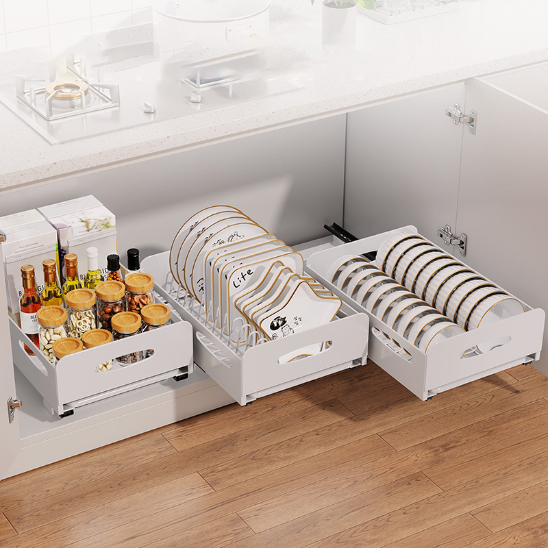 Drawer kitchen dish rack Kitchen cabinet built-in pull-out tray tray storage rack Household drawer cutlery cup rack
