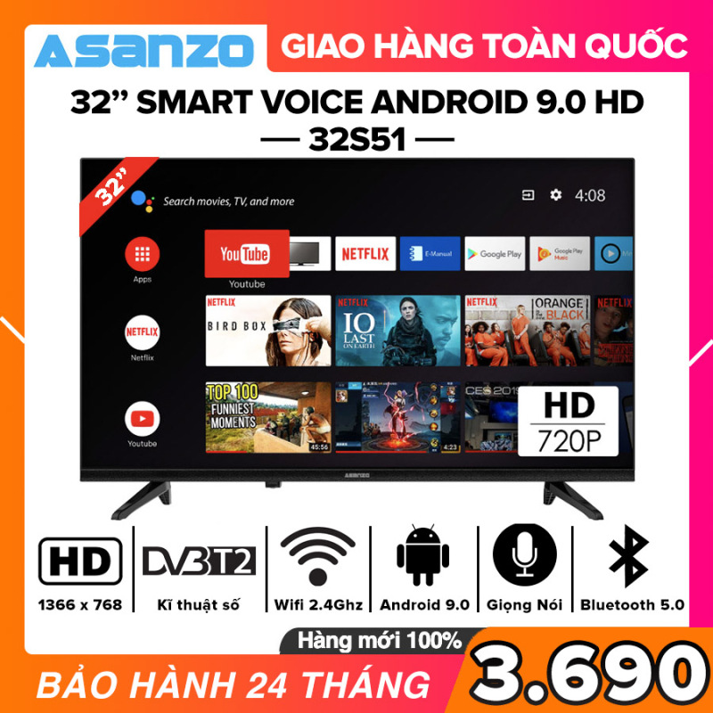 [SẢN PHẨM MỚI] Smart Voice Tivi Asanzo 32 inch HD - Model 32S51 Android 9.0, Điều khiển giọng nói, Bluetooth 5.0, Wifi 2.4GHz, Dolby Digital, Chromecast built-in, Netflix, Amazon Prime Video, Clip TV, DVB-T2, Tivi Giá Rẻ - Bảo Hành 2 Năm