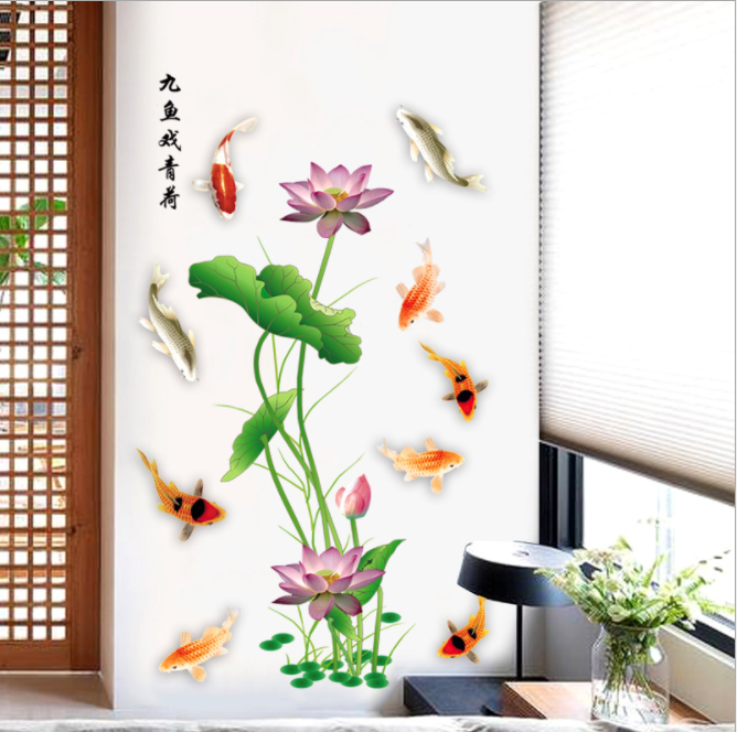 Decal trang trí dán tường Hoa sen và cá sang trọng GLS110