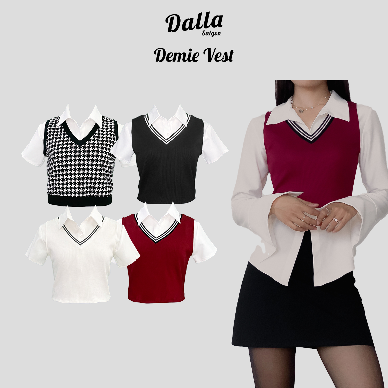 DALLA Áo gile ba lỗ croptop màu trắng - đen - đỏ (GL02)