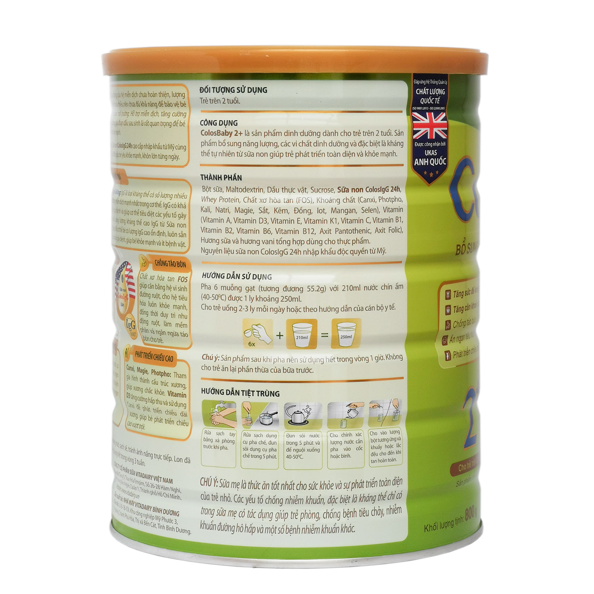 Sữa Bột VitaDairy ColosBaby 2+ Hộp 800g (Bổ sung kháng thể IgG 600+ tự nhiên từ sữa non; Cho trẻ 2 tuổi)