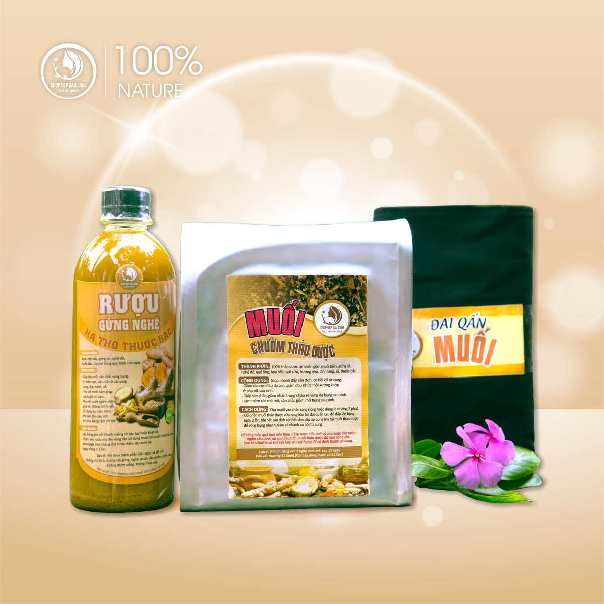 Combo đai quấn muối gừng thảo dược sau sinh (cốt gừng nghệ hạ thổ giảm eo, 1kg muối thảo dược, 1đai quấn)