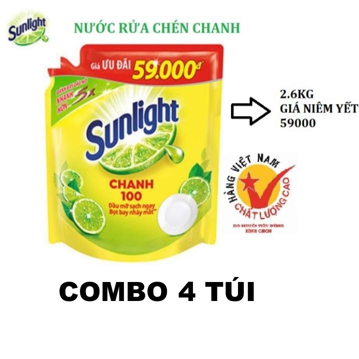 (1 THÙNG 4 TÚI) Nước rửa chén bát 2.6kg Sunlight Hương Chanh 100