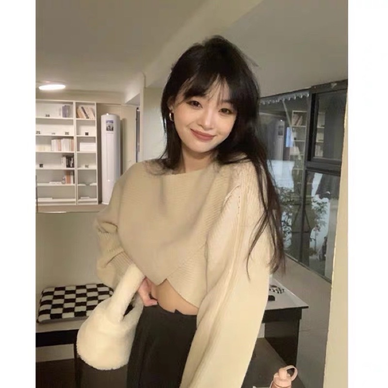 áo len vạt chéo dáng lửng croptop tay suông