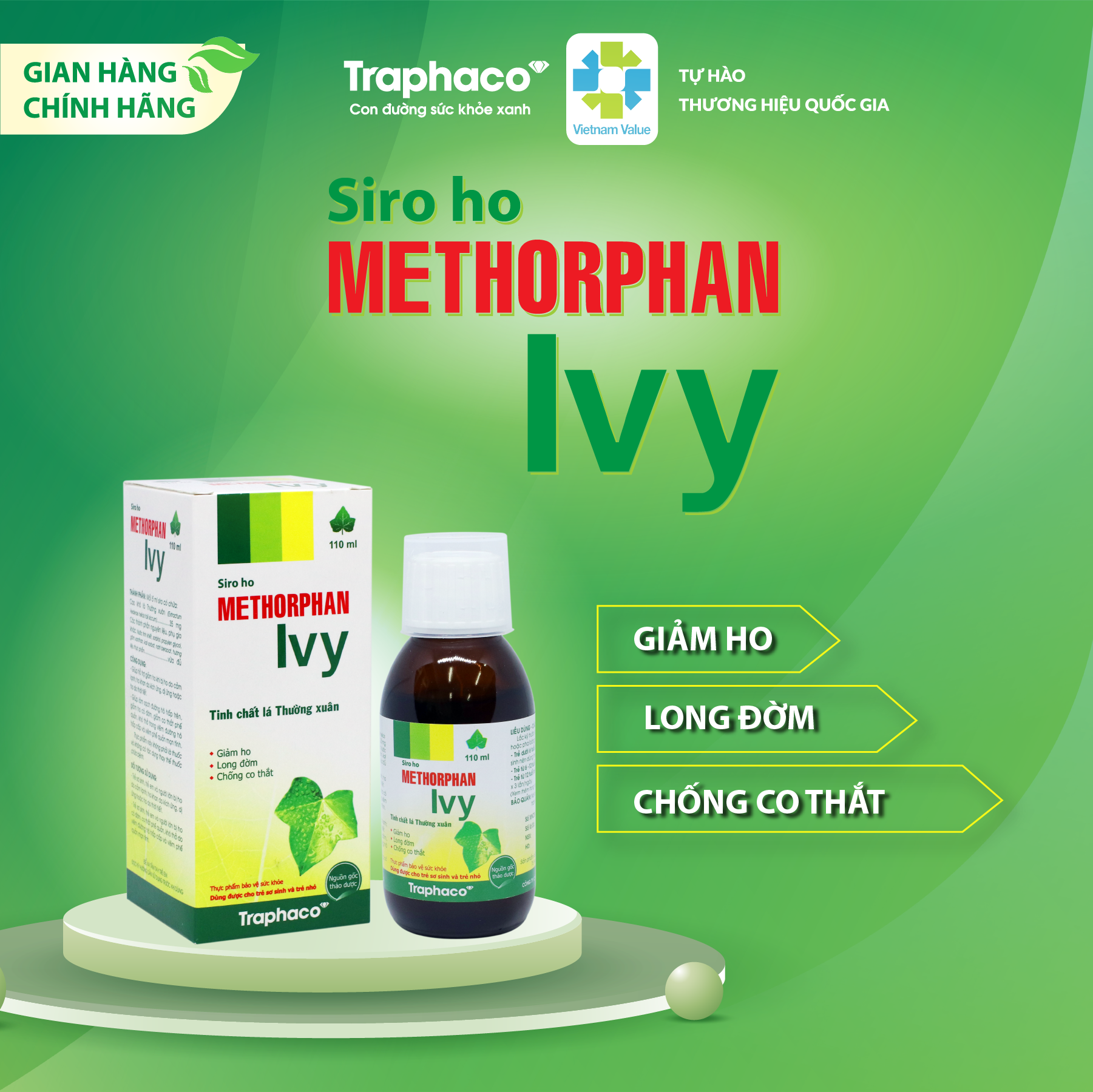 TPBVSK SIRO METHORPHAN IVY - HỖ TRỢ GIẢM HO - LONG ĐỜM - CHỐNG CO THẮT