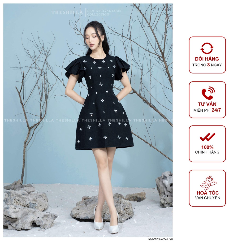 Váy thiết kế cao cấp màu đen tay ngắn họa tiết đính thủ công [ Có video + Ảnh thật ] The Shilla -K06-57C5