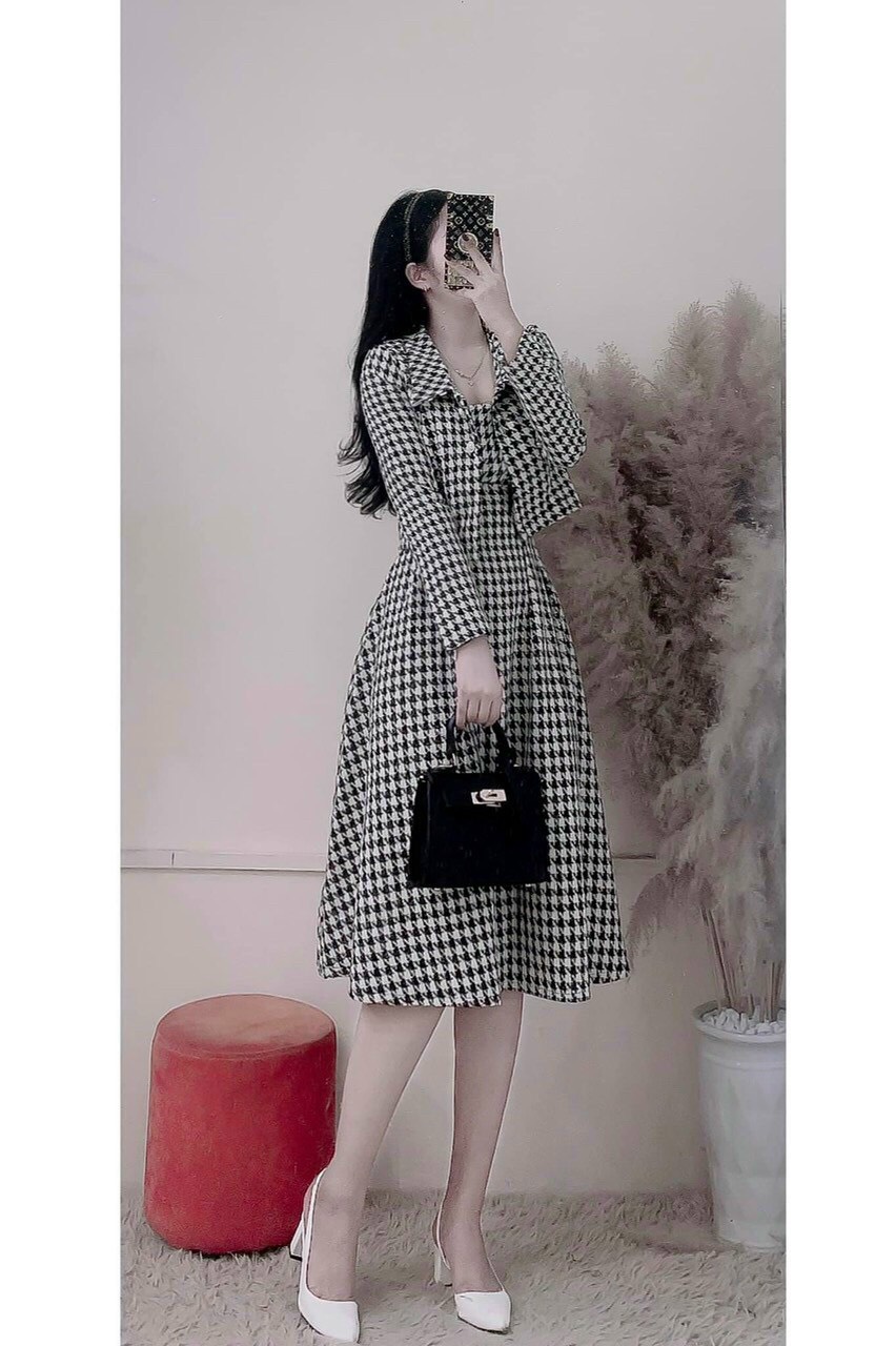 Sét đầm dài kèm áo khoác karo xinh lung linh lt Shop đầm cc