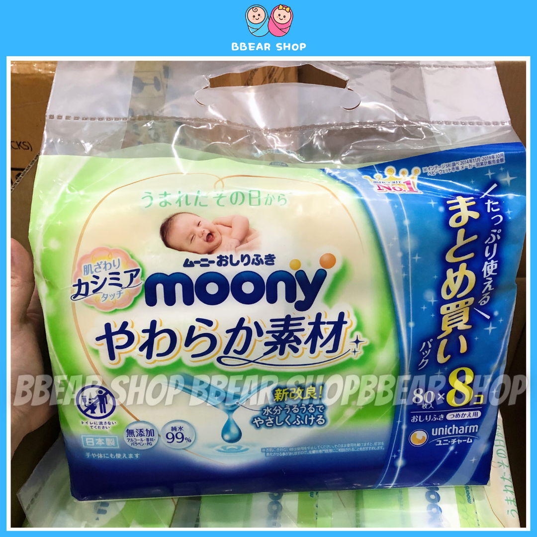 Combo 8 bịch Khăn ướt Moony nội địa Nhật (1 gói 80 tờ)