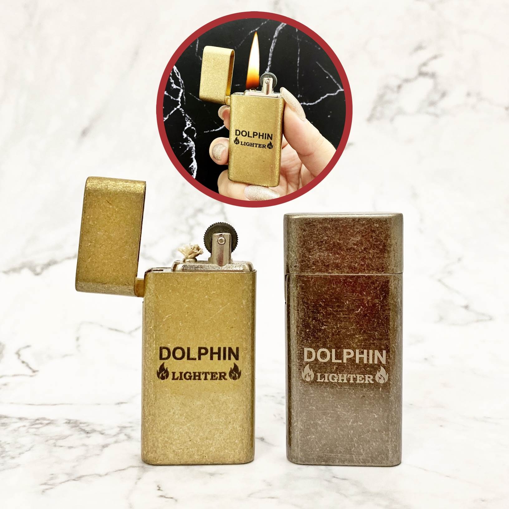 BẬT LỬA ĐỘC LẠ SLIM DOLPHIN XĂNG ĐÁ CỔ 1 BÁNH XE VÀNG CỔ
