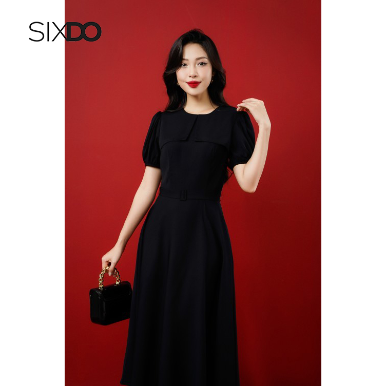 Đầm lụa đen phối đai SIXDO (Black Short Sleeves Midi Silk Dress)