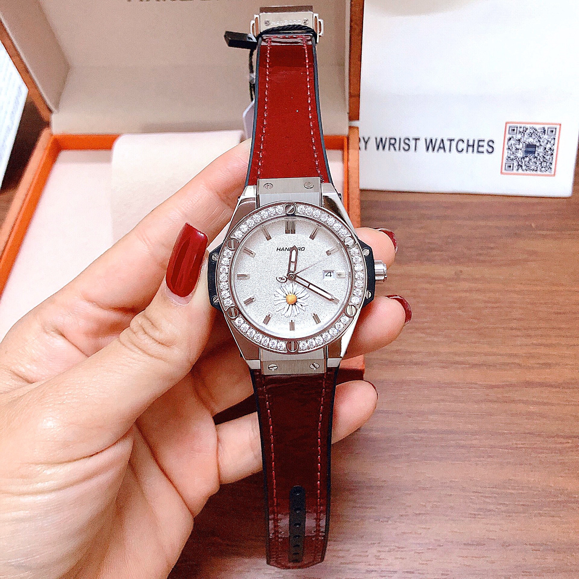 [HCM]Đồng Hồ Hanboro By Huboler Nữ Dây Da Silicon Nâu 36mm Silver