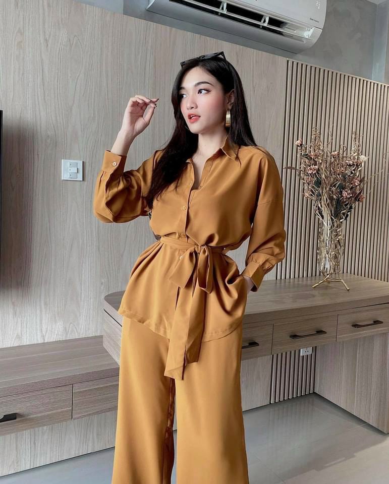 Sét bộ nữ áo kiểu sơ mi tay dài cài nút eo thắt nơ kèm quần dài ống rộng sang chảnh, cho quý cô đi làm hoặc dạo phố ( Shop 79)