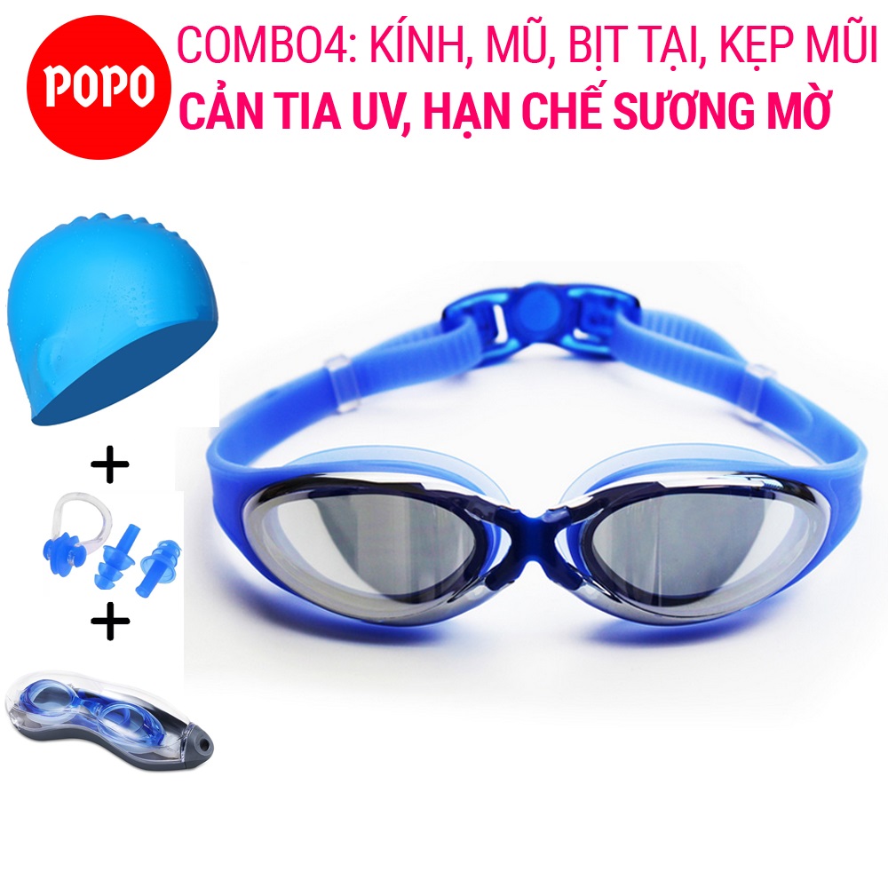 Bộ kính bơi mũ bơi bịt tai kẹp mũi POPO G300+CA31 mắt kính bơi tráng gương cản tia UV hạn chế sương mờ