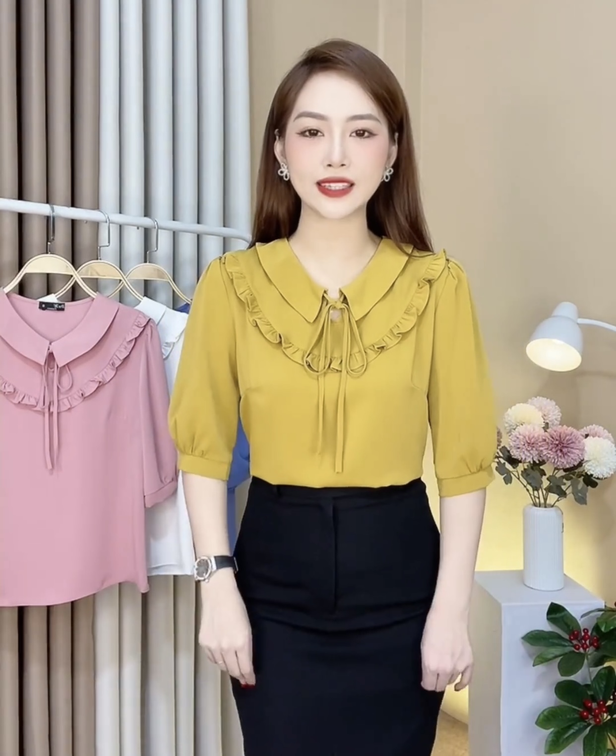 Áo công sở cổ sơ mi côt trẻ trung