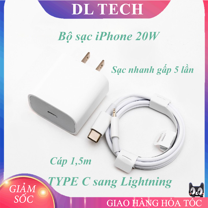 Bộ củ sạc dây sạc nhanh iphone 20w cáp type c sang to lightning cho iphone 5/6/7/8/x/11/12 dl tech