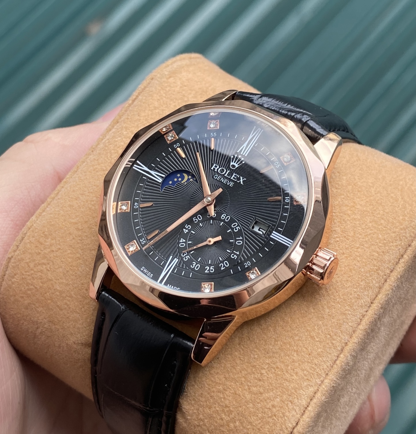 Đồng hồ nam cơ automatic cọc giờ bọc đá dây da sang trọng