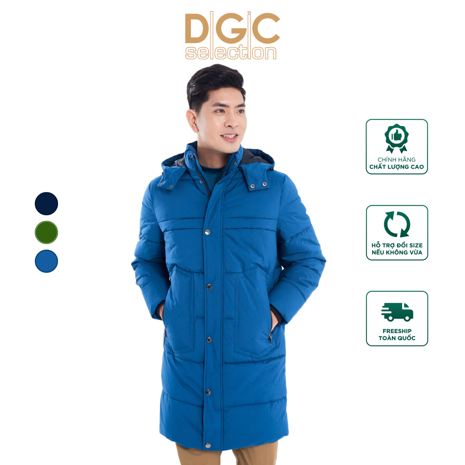 Áo phao nam dáng dài đại hàn 3 lớp - mũ rời, chần bông ngang cao cấp dgcs - wajkba13m