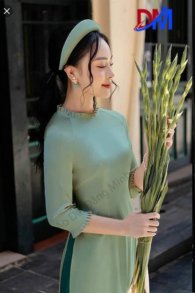 Bộ áo dài lụa ngọc trai thiết kế cổ tay xếp ly (không mấn)