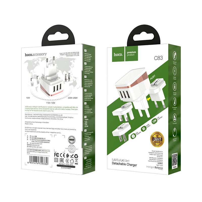 ốc Sạc 3 Cổng Hoco C83 (Có Thể Thay Đổi Chui Cắm)
