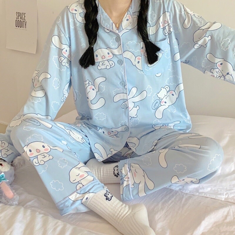 Bộ ngủ - đồ ngủ pijama thỏ xanh kate lụa loại 1